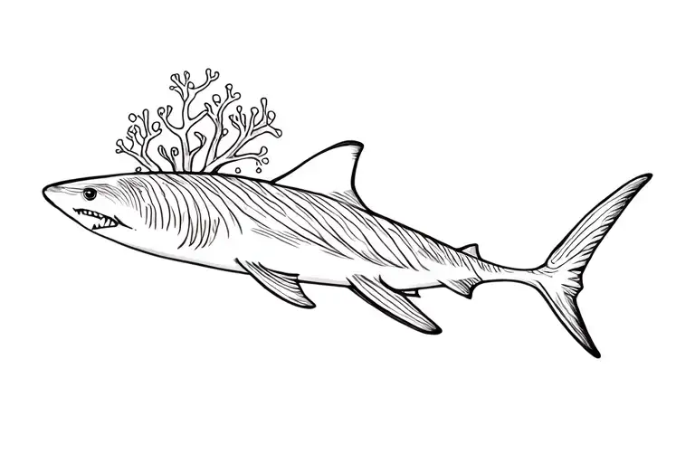 minimalist reef shark and a coral reef scene using just lines tattoo design idea