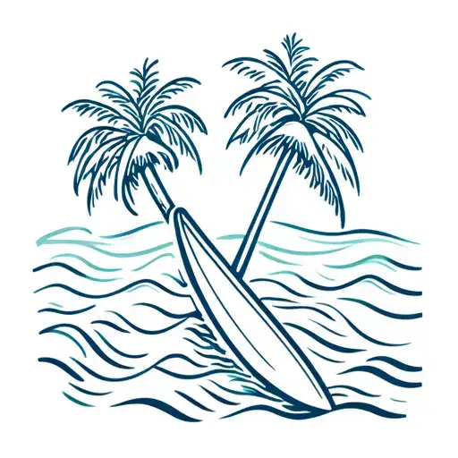 A minimalist design of a Canoa Havaiana paddle with waves and palm trees in the background tattoo design idea