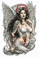 Sexy Angel, pale skin, Big breasts, Wide Hips, Angel wings, Halo, G-String, Revealing bra, Sexual, Bloody, Seductive. tattoo design idea