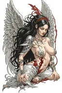 Sexy Angel, pale skin, Big breasts, Wide Hips, Angel wings, Halo, G-String, Revealing bra, Sexual, Bloody, Seductive. tattoo design idea