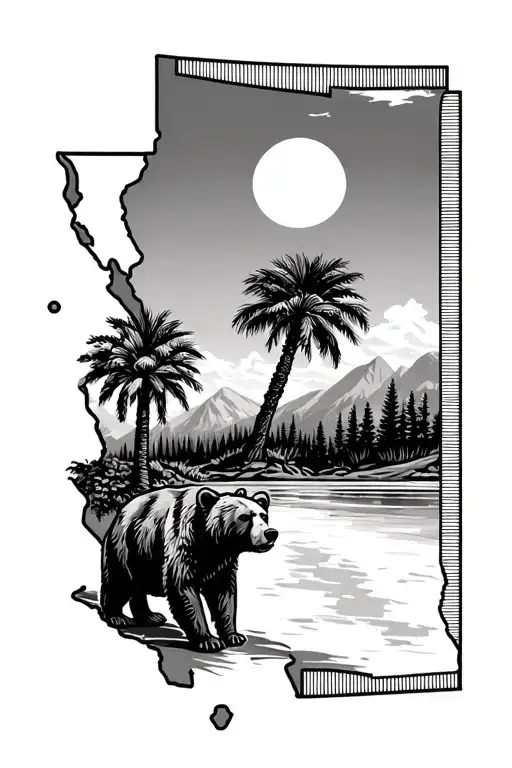 California state outline with bear and palm tree tattoo design idea