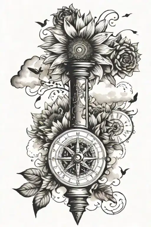 tattoo sleeve with a compass, music notes sunflower and cross all surrounded by clouds with a random quote below  tattoo design idea