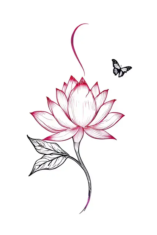 lotus flower with semicolon stem and butterfly  tattoo design idea