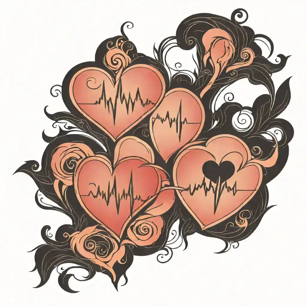 Design a pair of matching couple tattoos featuring a heart and a heartbeat line (EKG). The tattoo consists of a simple heart outline, followed by a continuous heartbeat line that extends across the wrist. The design is minimalistic, using fine black ink lines for a sleek and clean appearance. The heartbeat line is identical for both partners, symbolizing connection and love, with the heart at the start or end of the line. The overall aesthetic is simple yet meaningful, representing the bond between the couple. tattoo design idea