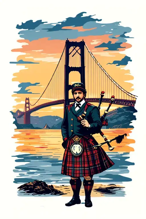 sunset background with bagpipes in front of the forth road bridge on a beach wearing a kilt  tattoo design idea