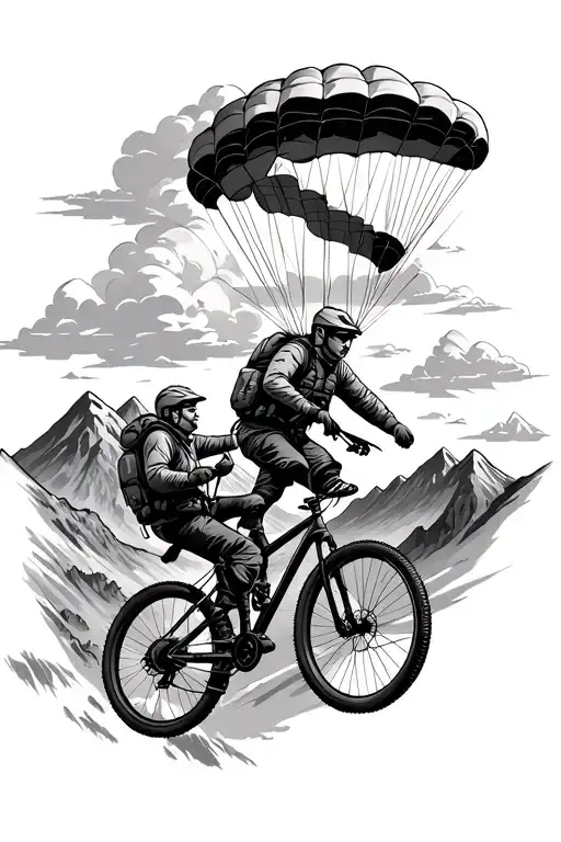 A skydiver under parachute, a hiker, and a mountain biker with clouds and mountains in the background tattoo design idea