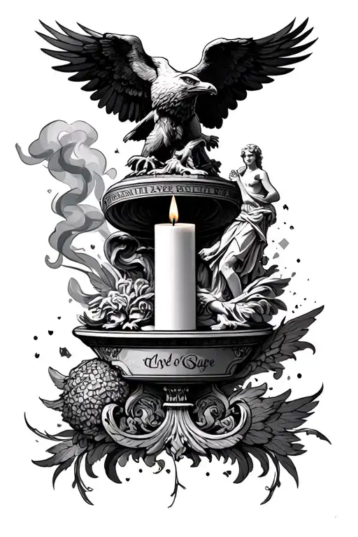 gotic architecture elements, statues (marcus aurelius for example), a smoking extinguished candle, eagle, skye  tattoo design idea