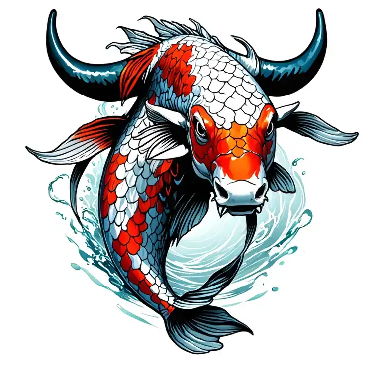 jumping koi fish Body with bull head only black White tattoo design idea