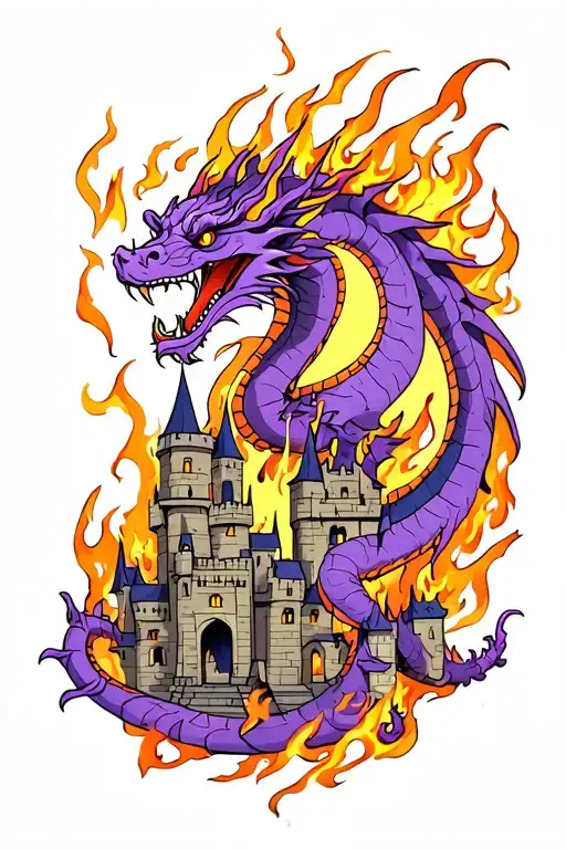 purple dragon wrapping itself around a burning castle tattoo design idea