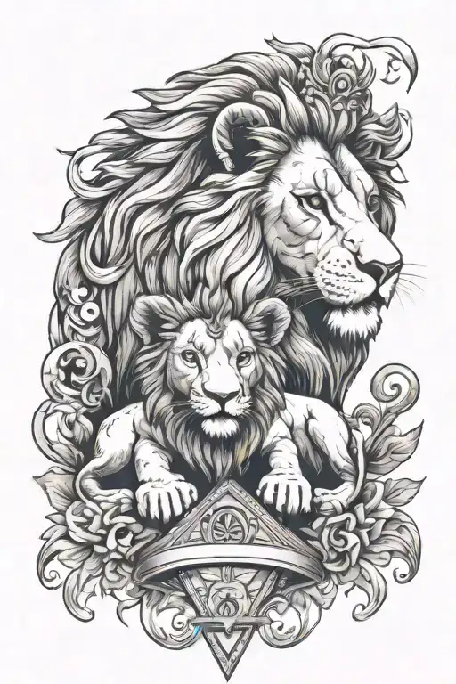 lion and cub, freemasonry symbols in black tattoo design idea