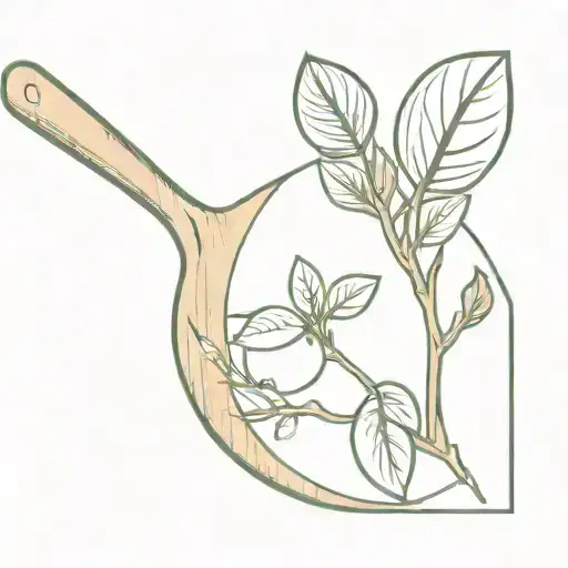 a wooden spoon where the handle turns into an apple tree branch with one apple that is cut in half on it tattoo design idea