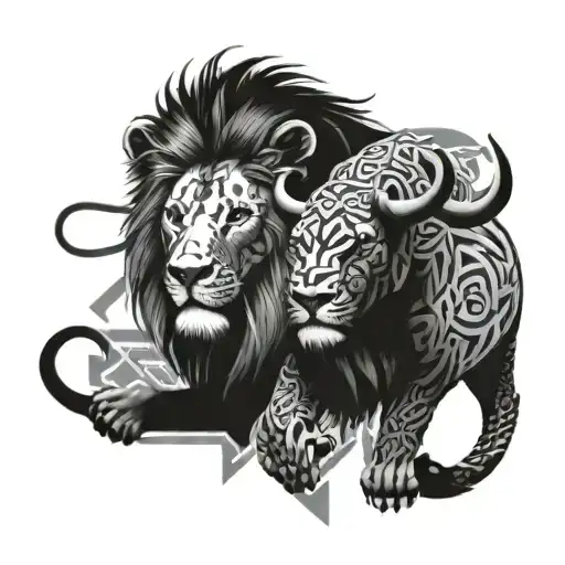 A lion and a bull with intricate geometric patterns, showcasing their majestic presence tattoo design idea