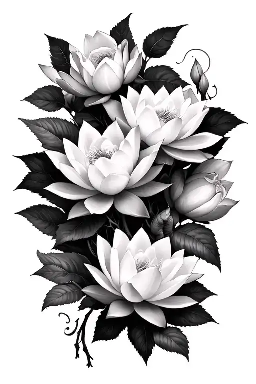 Shadow people, lotus flowers (live and dead), rose flowers (live and dead), goat bones, black and gray realism  tattoo design idea