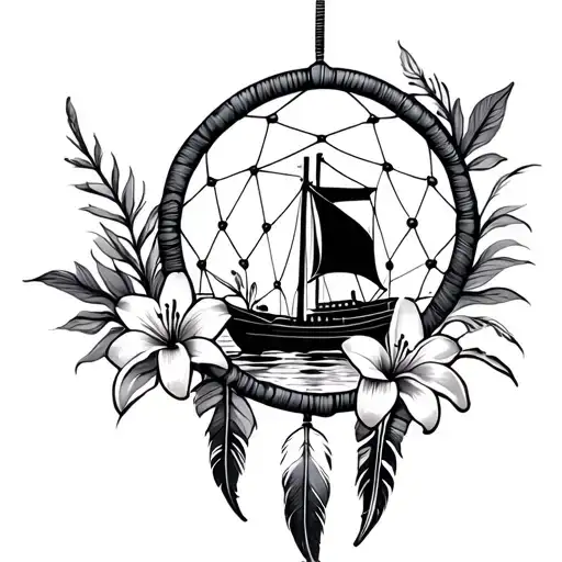 Dream Catcher Filled With Lilies, feathers and a littla sailing boat tattoo design idea