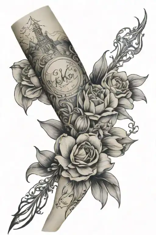 arm sleeve with ski line and pontiac in the middle of with in cursive with tulips and lilac flowers and a bible scriptur tattoo design idea