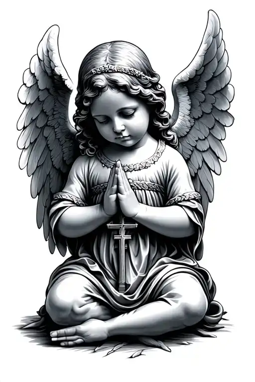 Baby angel praying with a cross tattoo design idea