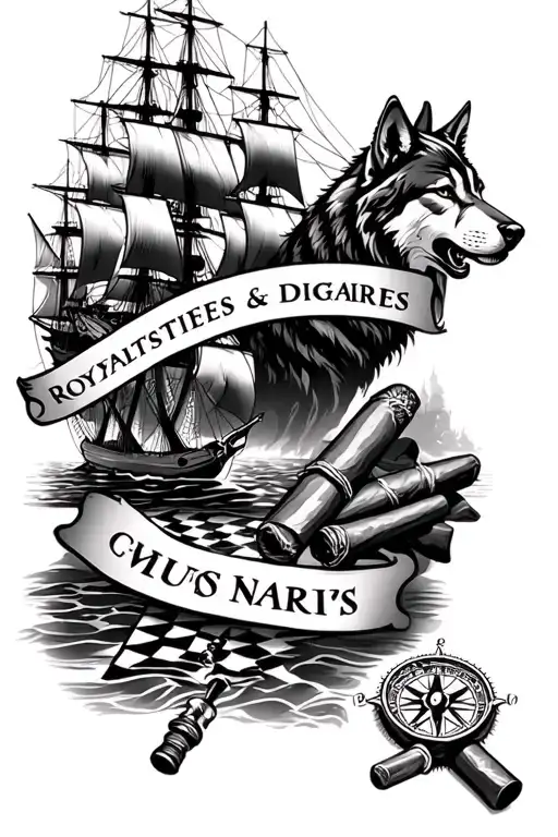 "Royalties and dignitaries " whiskey and cigars and chess and sailors ship and a compass and wolves tattoo design idea