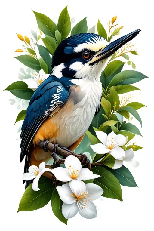 kookaburra and jasmine flowers tattoo design idea