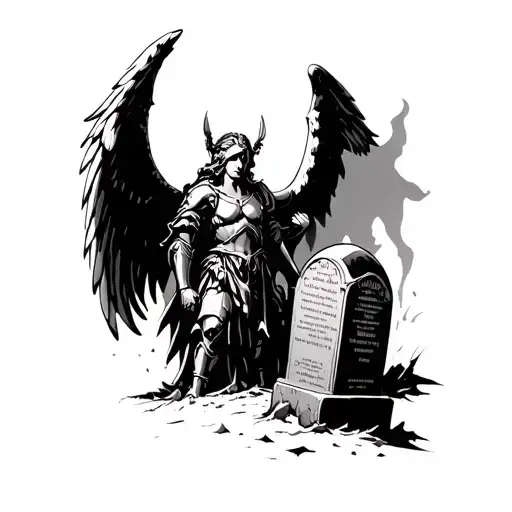 An angel with armor that breaks a tombstone tattoo design idea