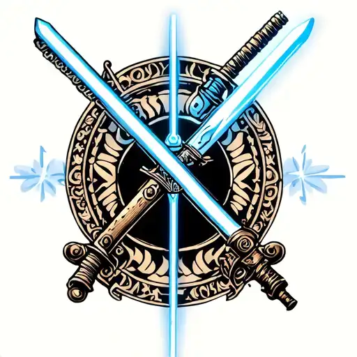 blue light saber crossing Andúril sword tattoo design idea