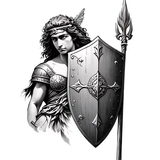 achilles, helen of troy, shield, troy in the background tattoo design idea
