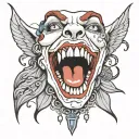 goddess with vampire teeth and  tongue sticking out tattoo design idea