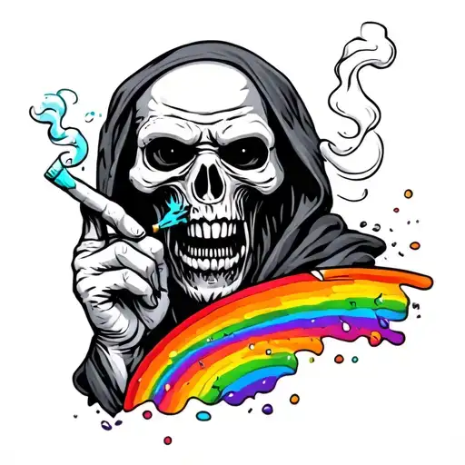 a tattoo design of the grim reeper smoking a joint and sticking his rude finger up while he's pissing a rainbow  tattoo design idea