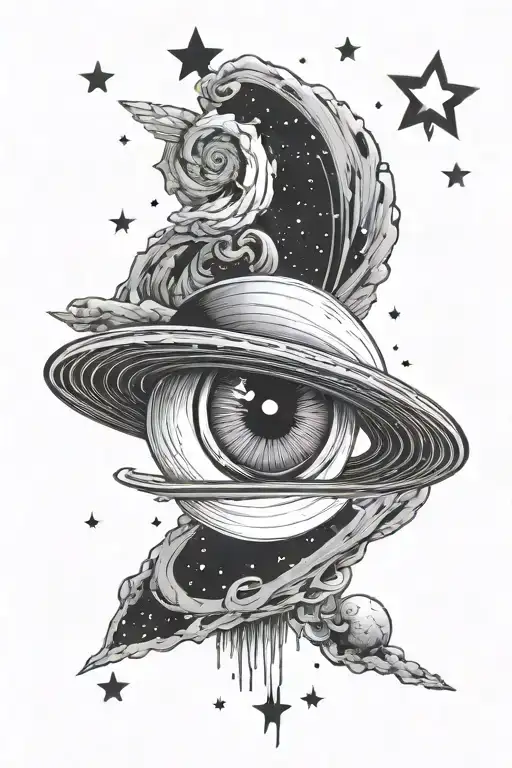 Giant Saturn in the background with a woman's eye with eyelashes in front and stars around it tattoo design idea