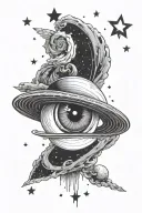 Giant Saturn in the background with a woman's eye with eyelashes in front and stars around it tattoo design idea