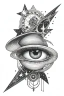 Giant Saturn in the background with a woman's eye with eyelashes in front and stars around it tattoo design idea