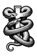 Medical cross with snakes wrapped with Type 1 Diabetic wrapped around and insulin dependent in the middle tattoo design idea