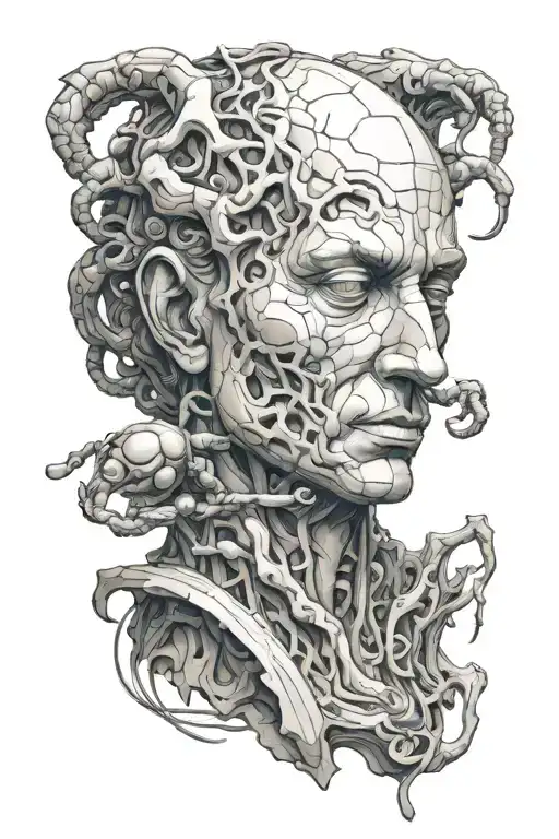 a man with a body resembling an ancient statue, as if he were carved from marble or stone.  Ants, large and small, crawl tattoo design idea