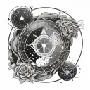 zodiac constellation intertwined with leo and virgo in the center and pisces and aries on a circle around them tattoo design idea