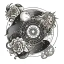 zodiac constellation intertwined with leo and virgo in the center and pisces and aries on a circle around them tattoo design idea