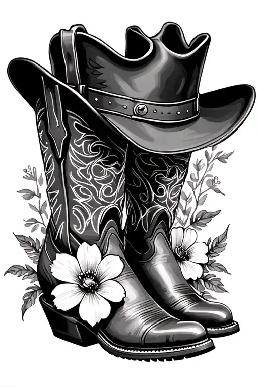 Cowboy boot flowers truker hat surrounded tattoo design idea