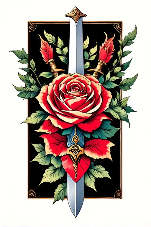 A minimalist design of the Mulan family sword intertwined with a rose from Beauty and the Beast tattoo design idea
