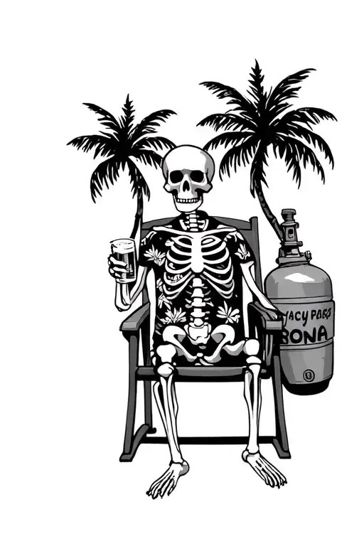 Skeleton wearing a Hawaiian shirt. Sitting in a beach chair facing to the left. Holding a beer. Scuba tank leaning again tattoo design idea