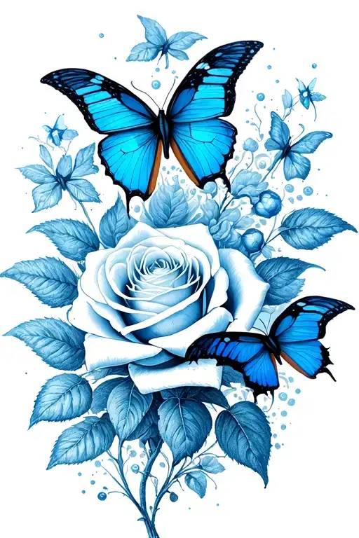 White Roses and blue butterflies tattoo design idea