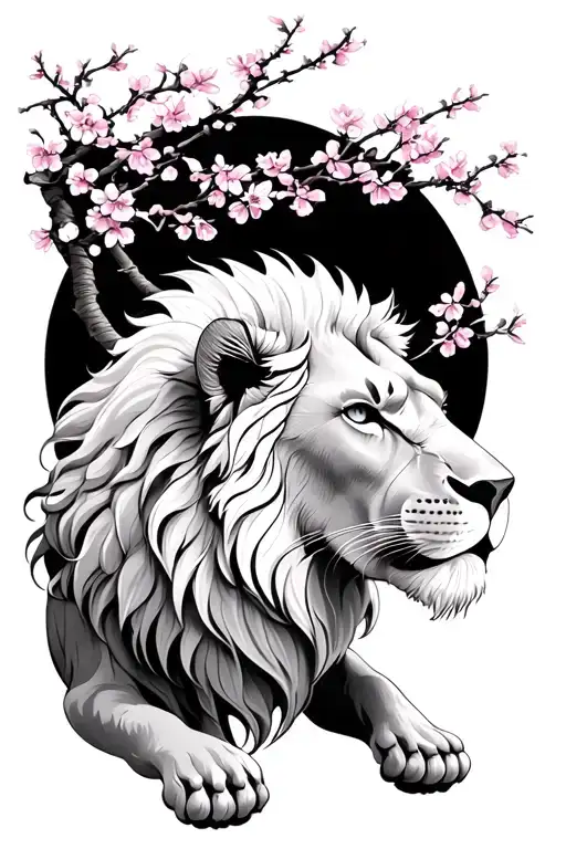 white lion with cherry blossom tree tattoo design idea