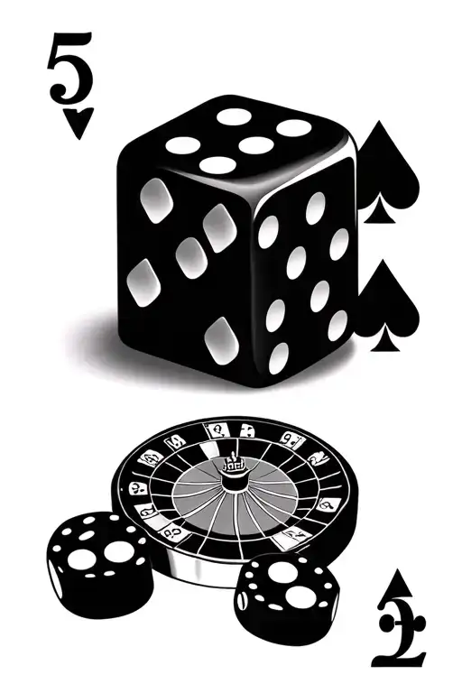 ace and king of spaces card, dice showing 5 and 2 on top, and roulette wheel numbers zero and seven tattoo design idea