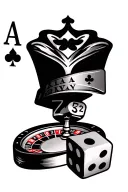 ace and king of spaces card, dice showing 5 and 2 on top, and roulette wheel numbers zero and seven tattoo design idea