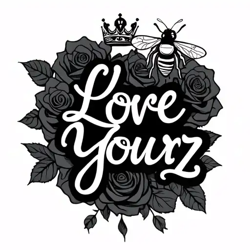 the words Love Yourz with Roses and Bee with crown tattoo design idea
