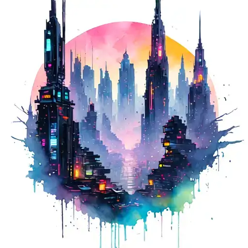 A cyberpunk cityscape with neon lights and futuristic buildings tattoo design idea