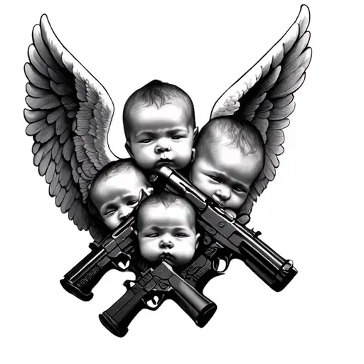 3 baby angel heads on top of eachother with guns  tattoo design idea