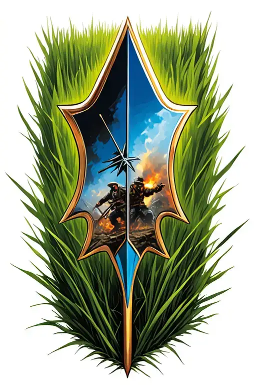 realistic arrowhead in grass with reflection of a battle scene showing in the arrow to symbolize my battle with cancer tattoo design idea