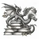 A dragon flying over a stack of books with a vine surrounding the books tattoo design idea