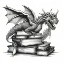 A dragon flying over a stack of books with a vine surrounding the books tattoo design idea