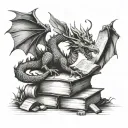 A dragon flying over a stack of books with a vine surrounding the books tattoo design idea