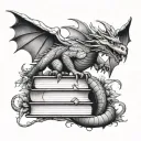 A dragon flying over a stack of books with a vine surrounding the books tattoo design idea