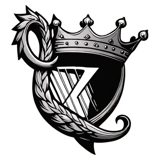 Irish harp, crown, small Z character tattoo design idea